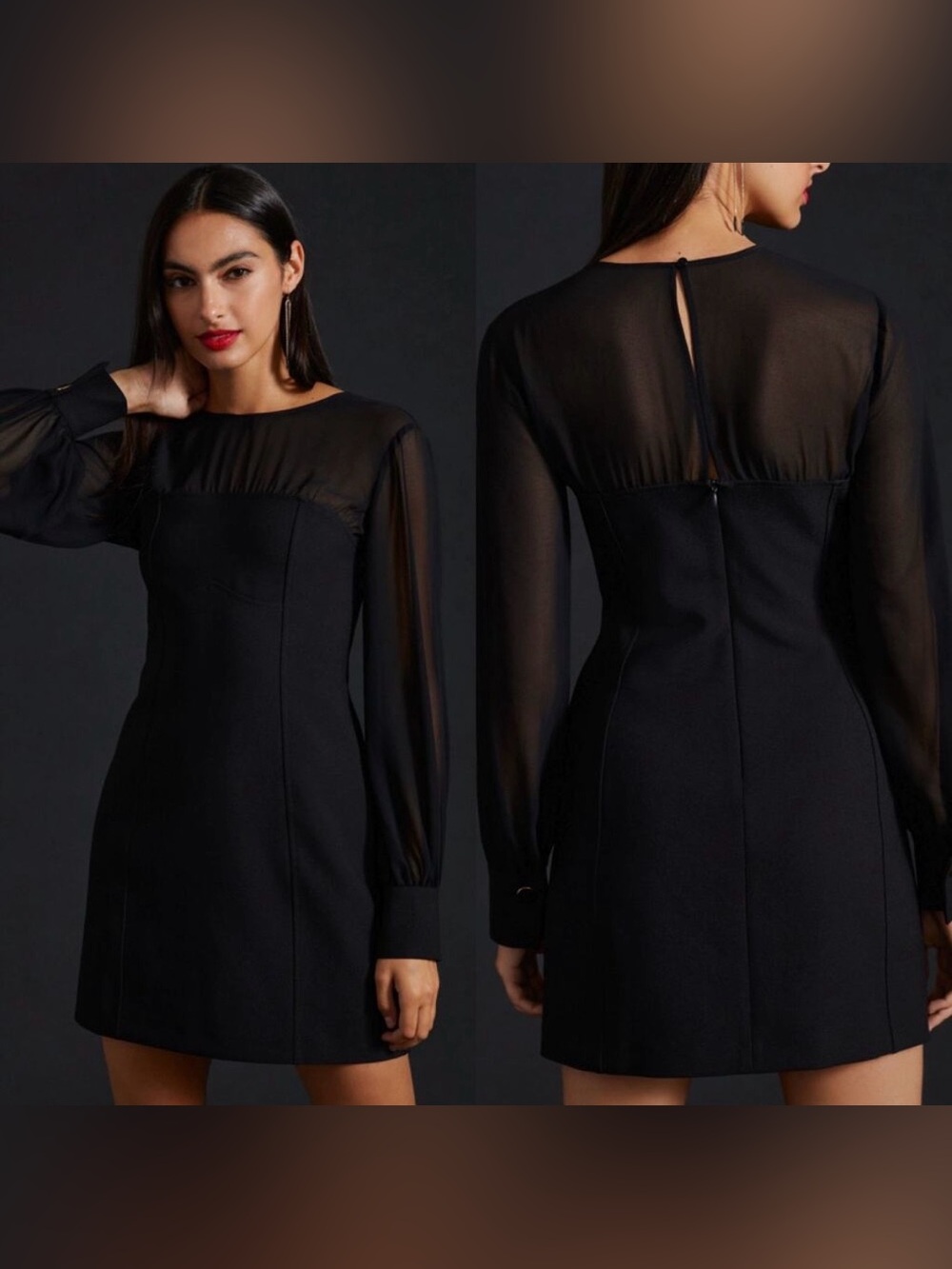 Anthropologie Black Sheer-Sleeve Mini Dress